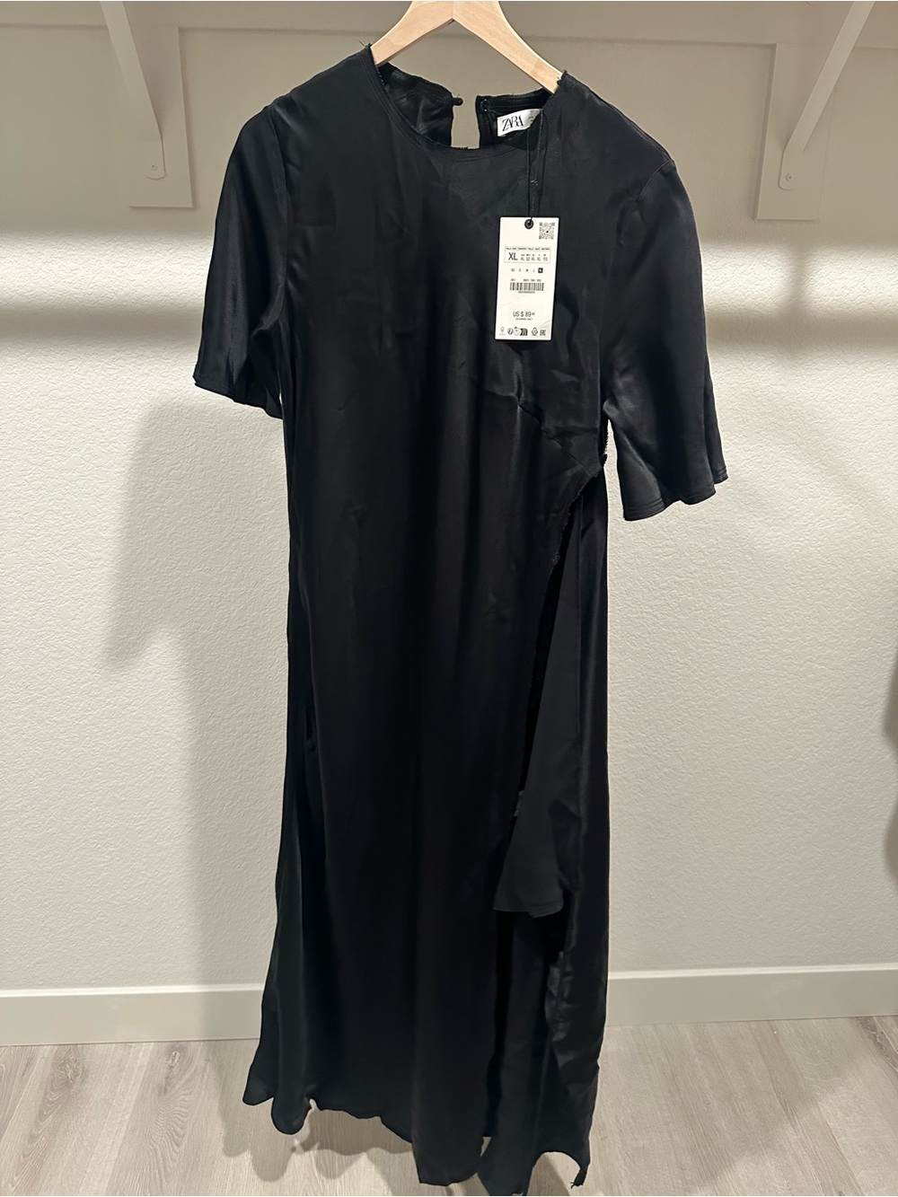 Zara Black Satin Midi Dress with Short Sleeves